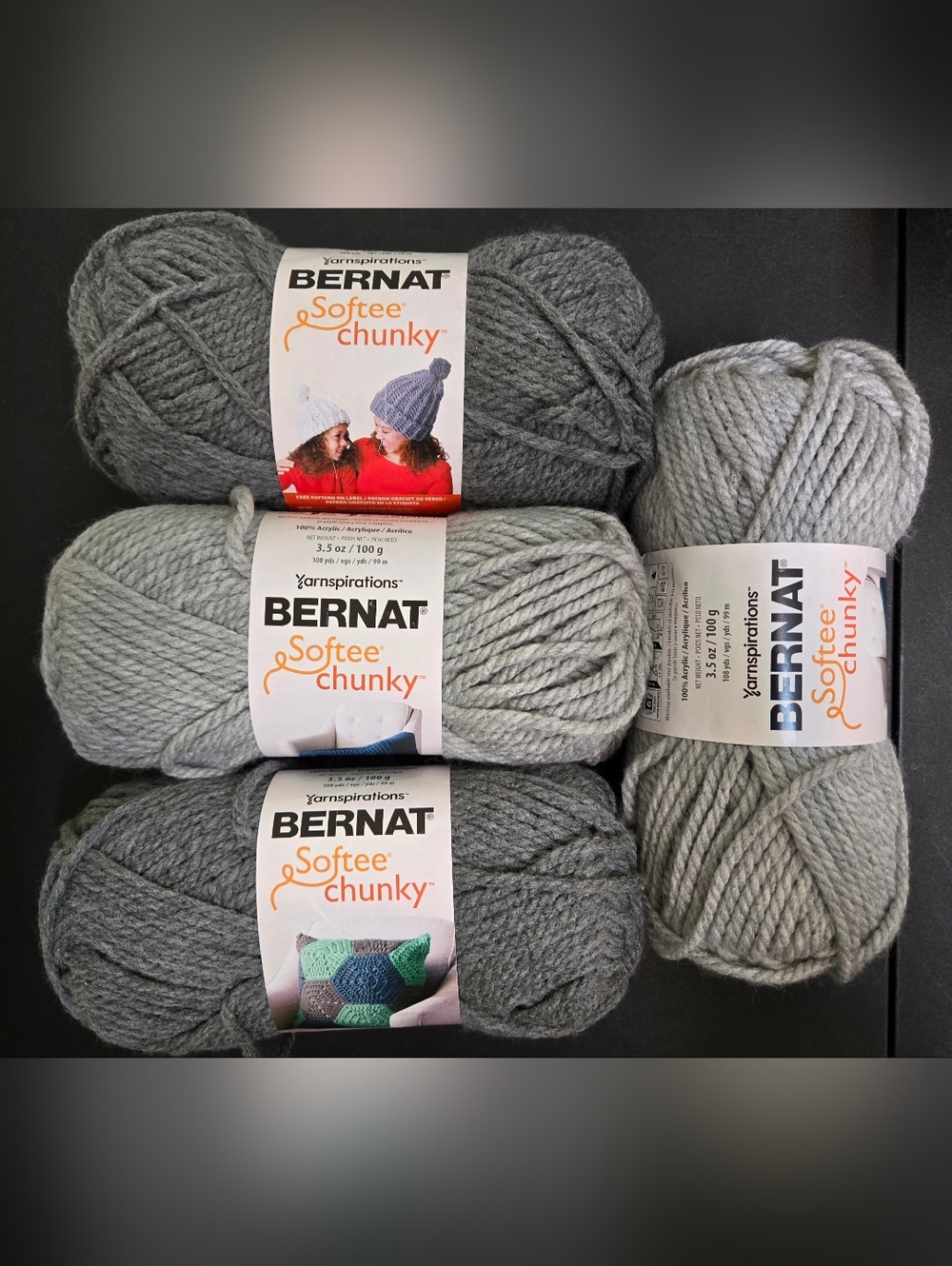 Bernat Softee Chunky Yarn Skeins in Gray Heather and True Grey